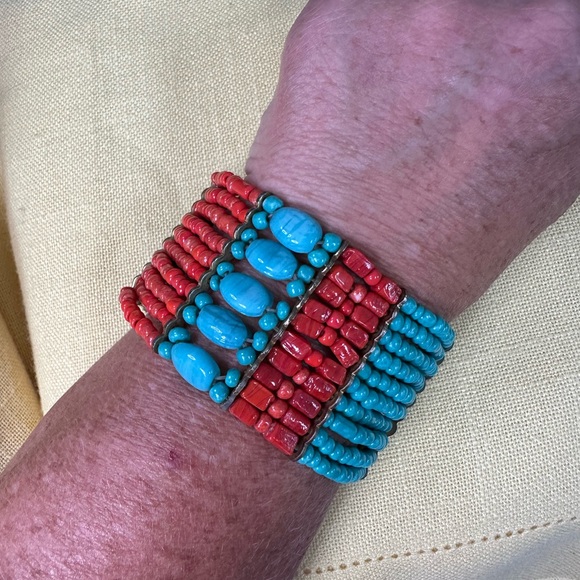 Turquoise and Coral Beaded Bracelet - Picture 1 of 3